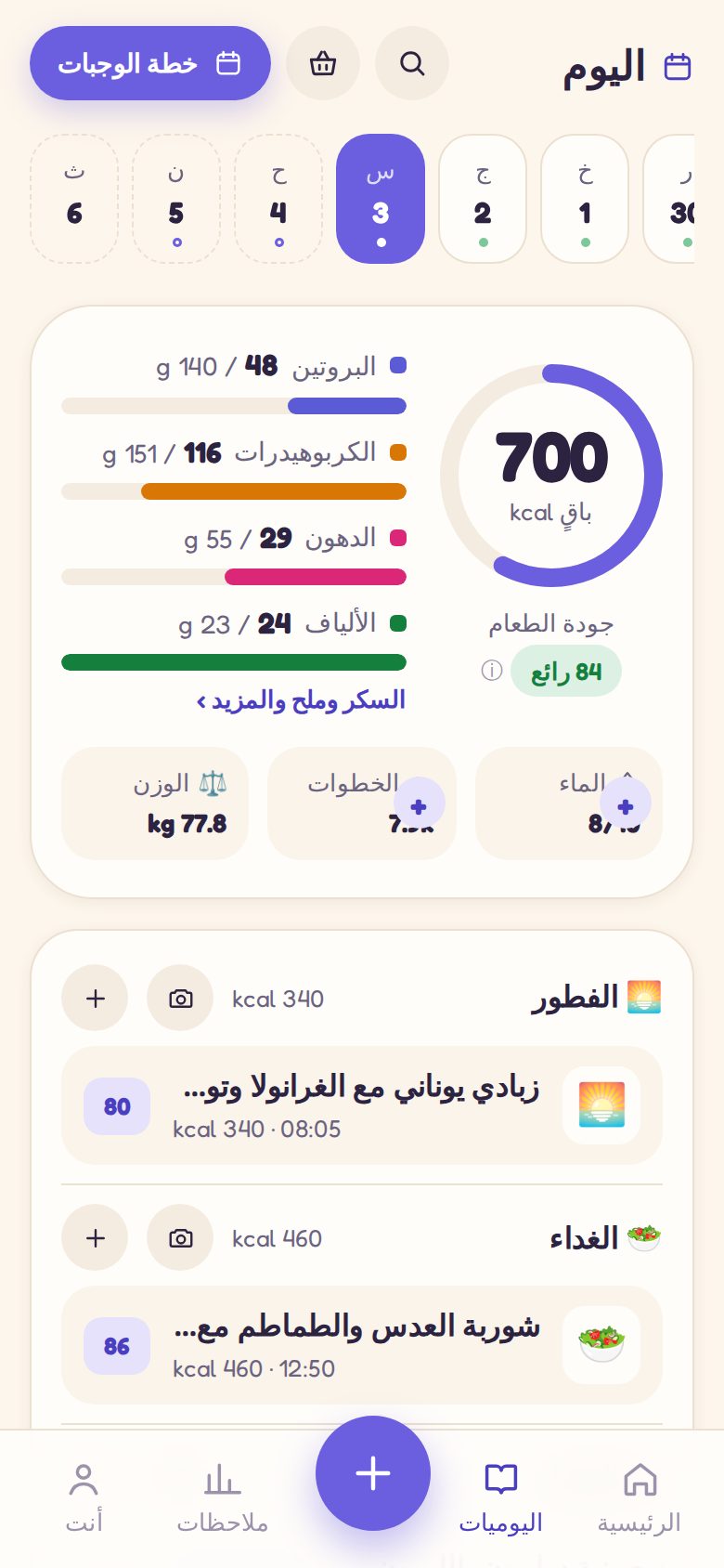 اليوميات: جودة طعام اليوم، والعناصر الغذائية، وتقييم كل وجبة