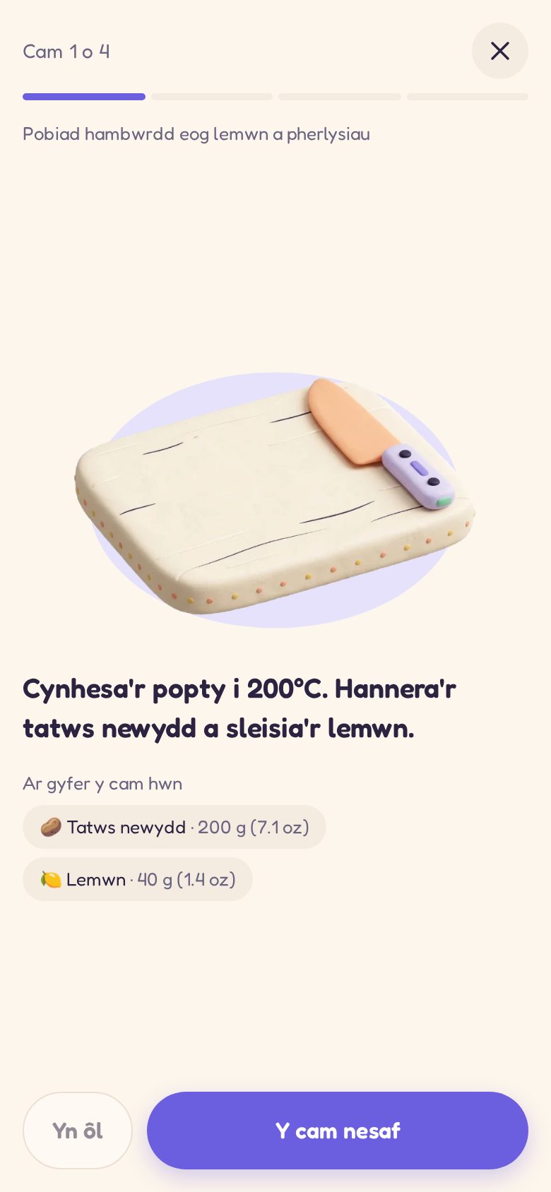 Coginio un cam ar y tro, gyda llun ar gyfer pob cam