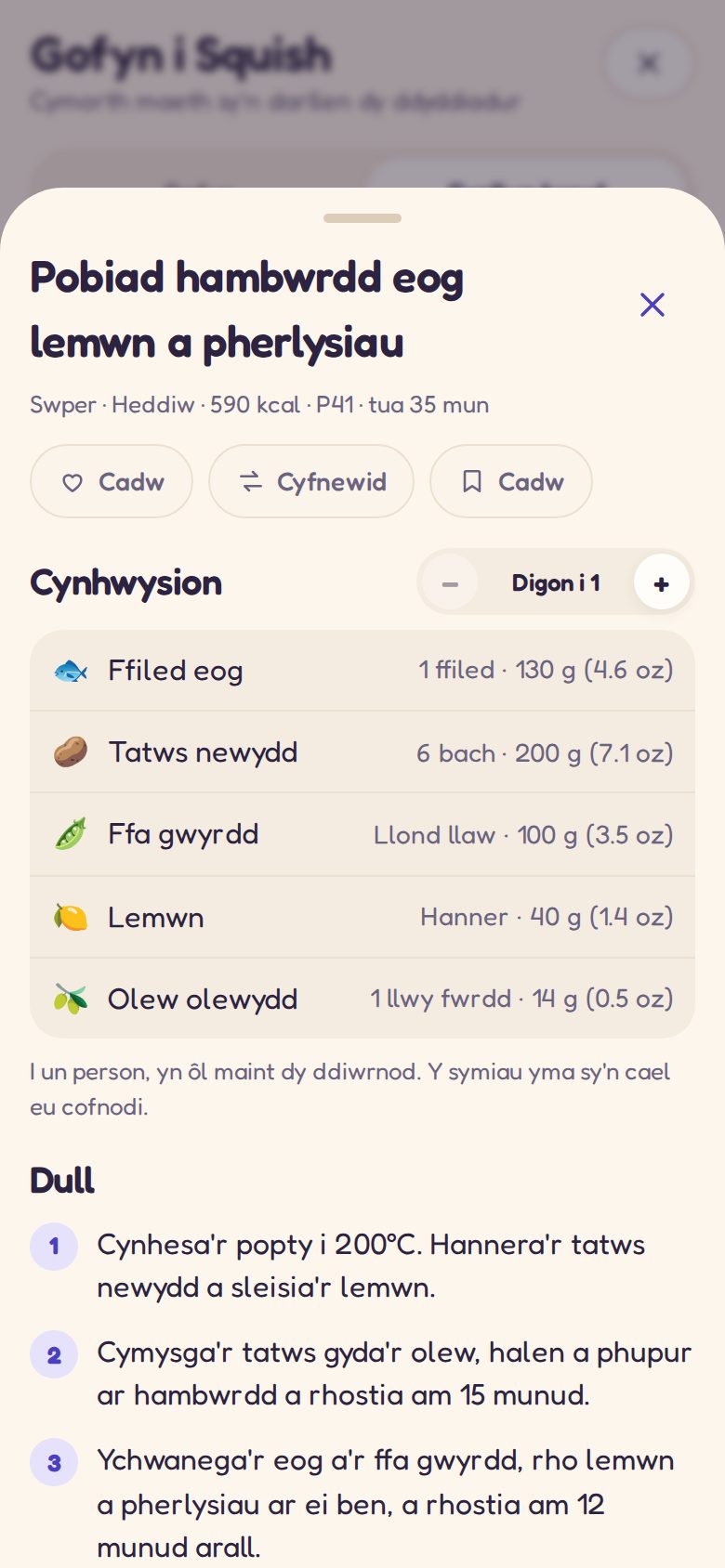 Rysáit ar gyfer pryd wedi'i gynllunio: cynhwysion a dull