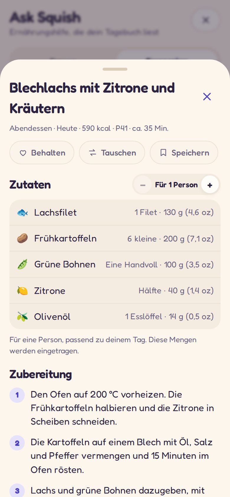 Ein Rezept für eine geplante Mahlzeit: Zutaten und Zubereitung
