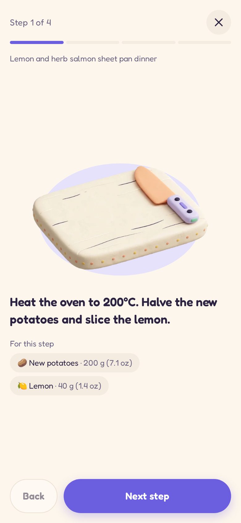 Cooking a step at a time, with a picture and the ingredients for each step