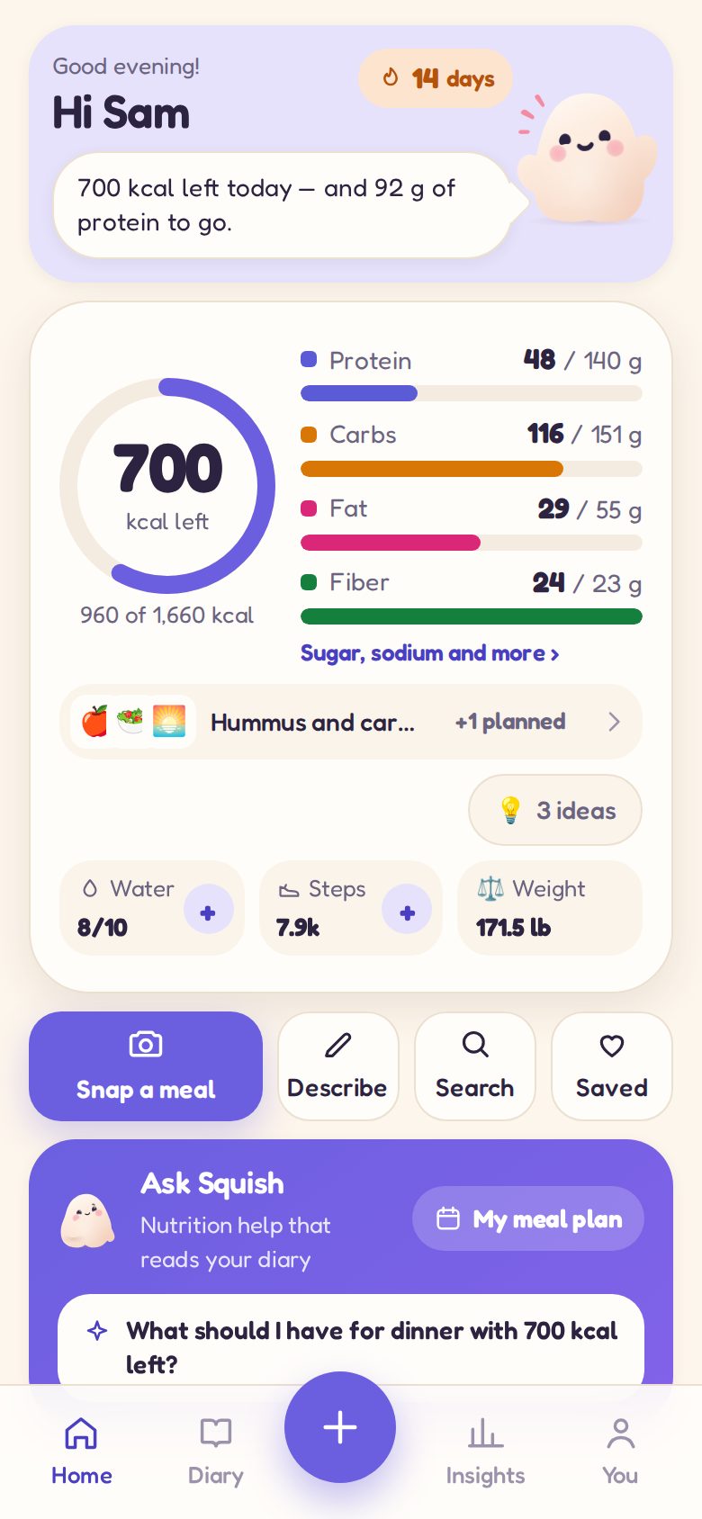 Squish's home screen: calories left today, and protein, carbs, fat and fiber against their targets