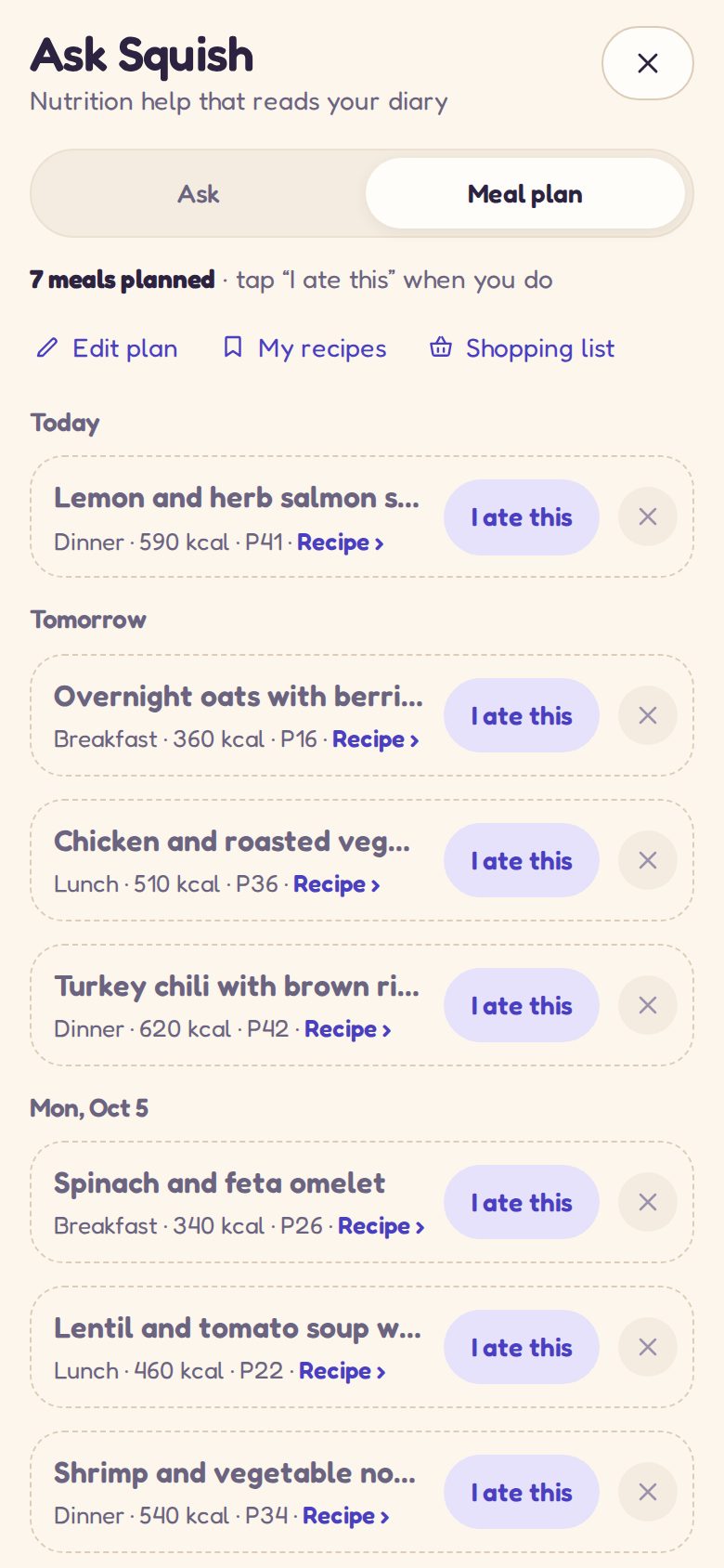 Ask Squish: a week of meals Squish planned, each ready to log