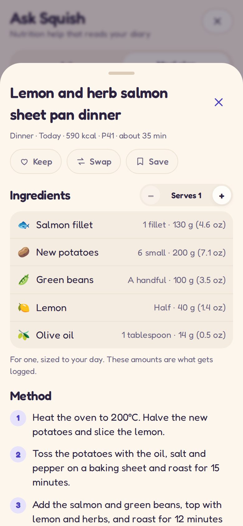 A recipe for a planned meal: ingredients and instructions, sized for you