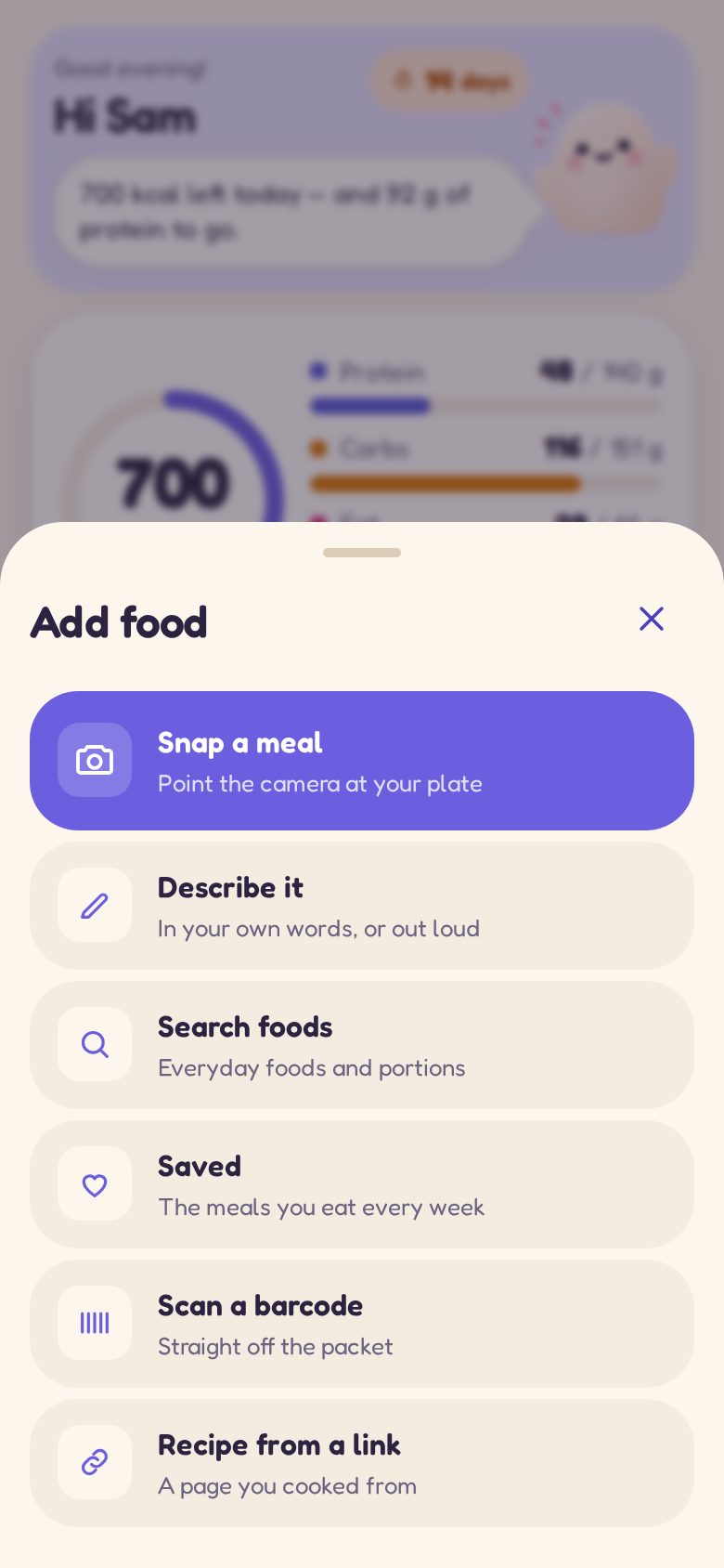Add food: snap, describe, search, saved meals, barcode or a recipe link