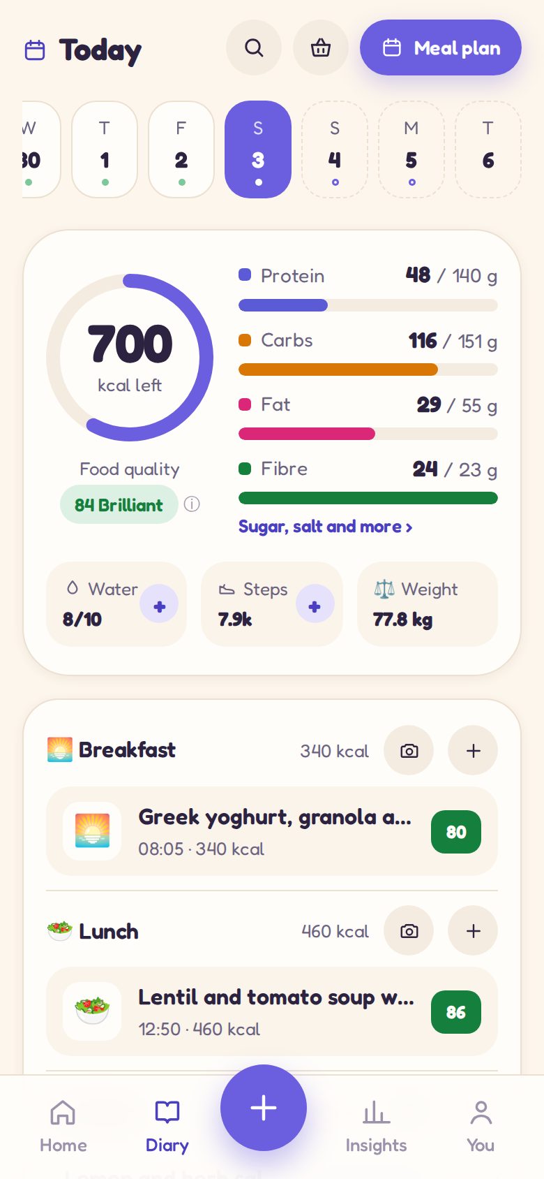 Diary: the day's food quality, macros and each meal with its score