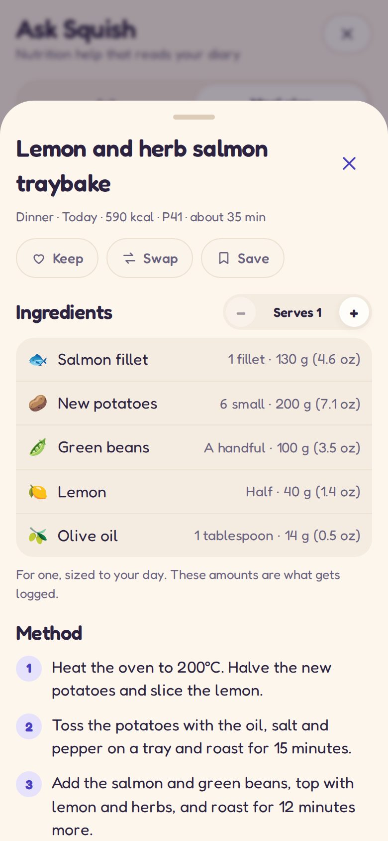 A recipe for a planned meal: ingredients and method