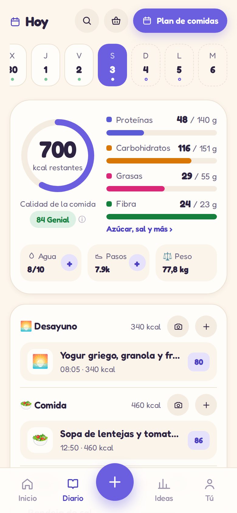 Diario: calidad nutricional del día, macros y cada comida con su puntuación