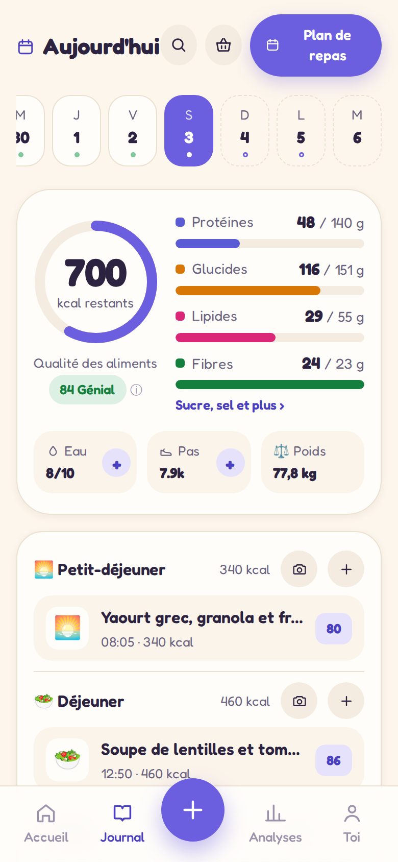 Journal : qualité des aliments du jour, macros et chaque repas avec son score