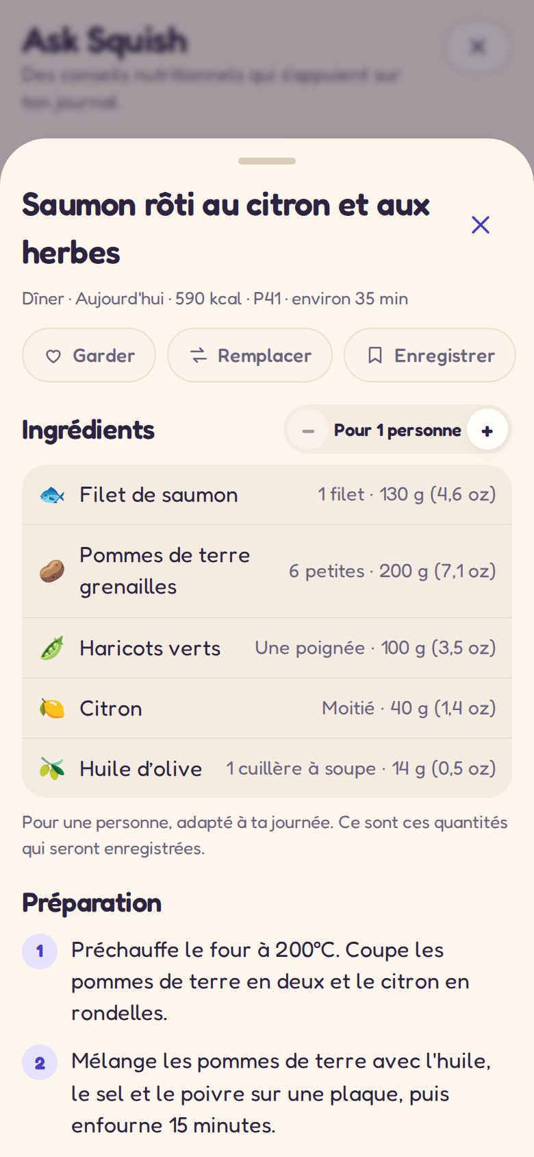 La recette d'un repas prévu : ingrédients et préparation