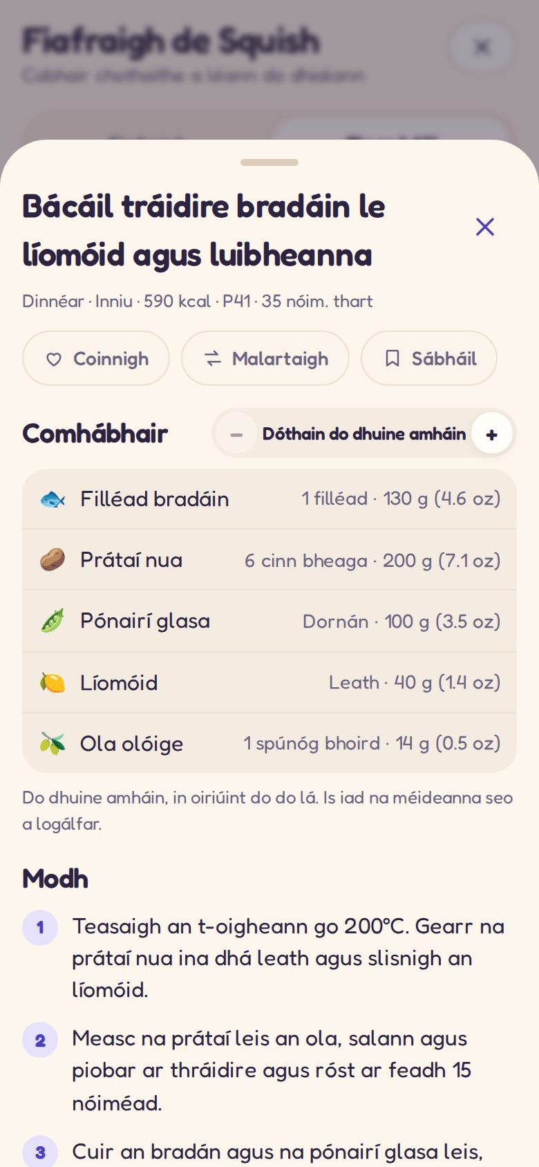 Oideas do bhéile beartaithe: comhábhair agus treoracha