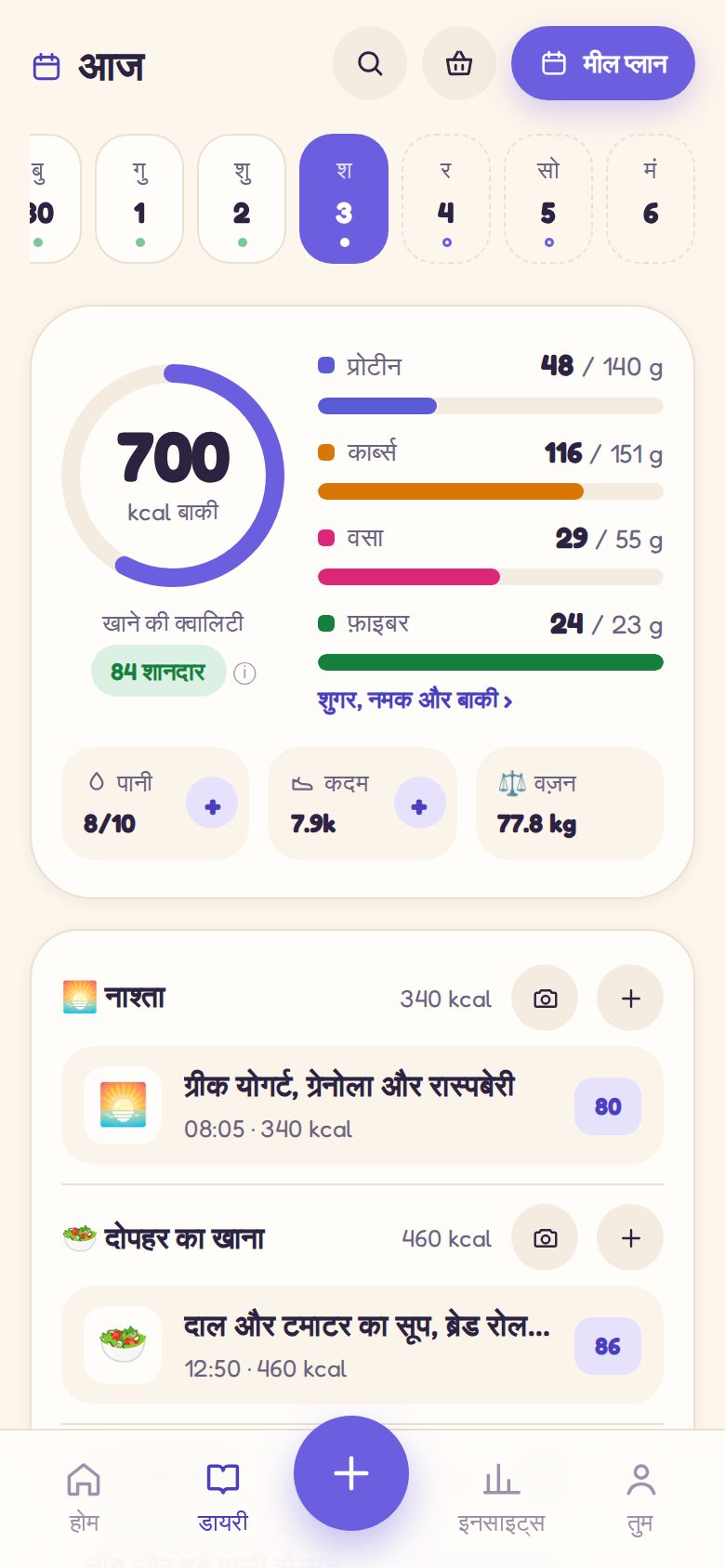 डायरी: दिनभर के खाने की क्वालिटी, मैक्रोज़ और हर मील का स्कोर