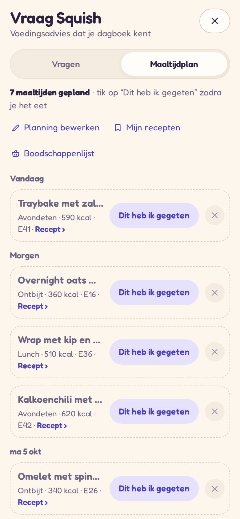 Ask Squish: een week aan maaltijden gepland door Squish