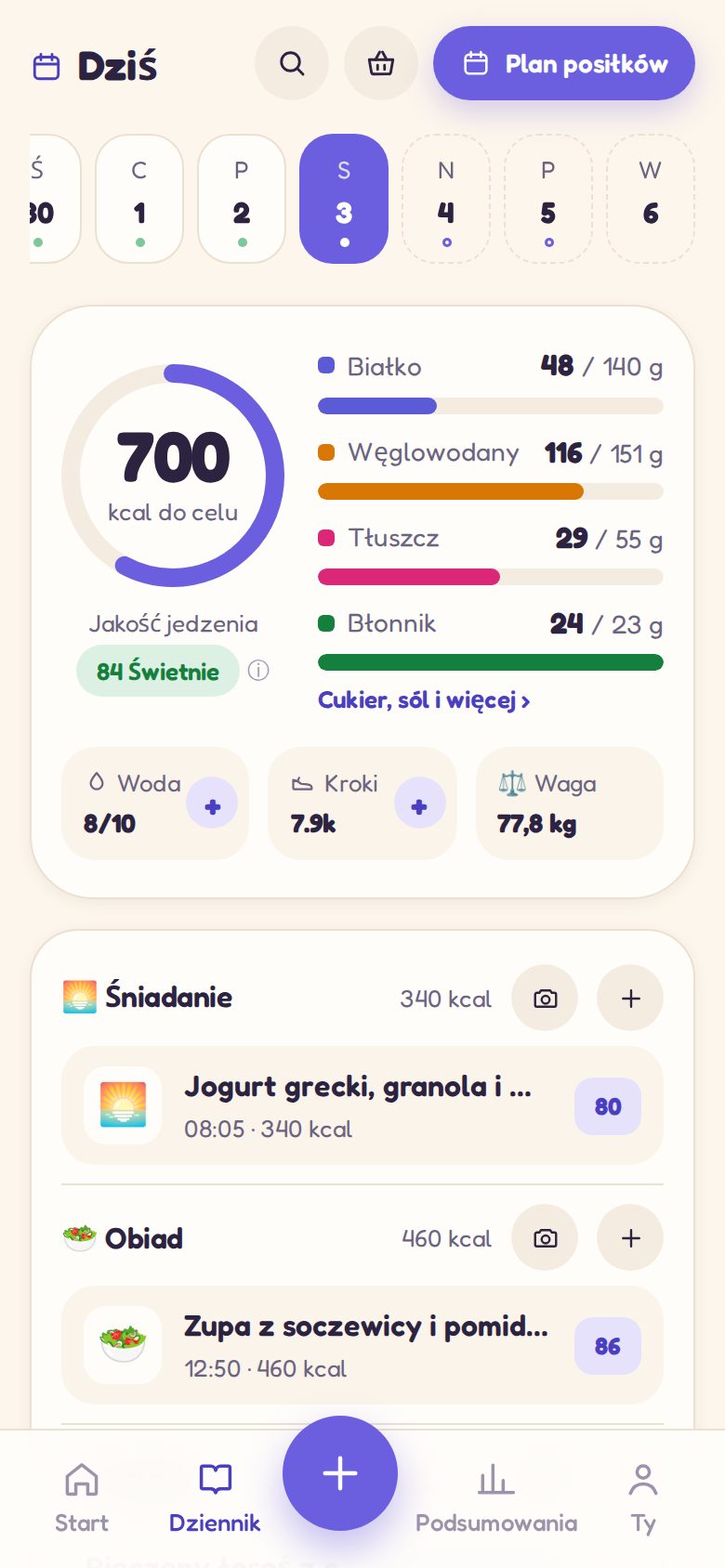 Dziennik: jakość jedzenia w ciągu dnia, makro i ocena każdego posiłku