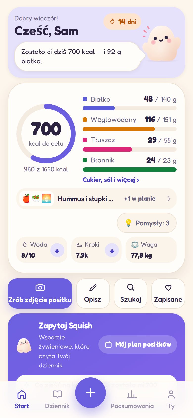 Ekran główny: co zostało na dziś, razem ze Squish