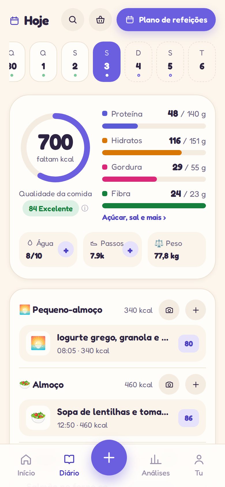 Diário: a qualidade nutricional do dia, os macros e cada refeição com a sua pontuação