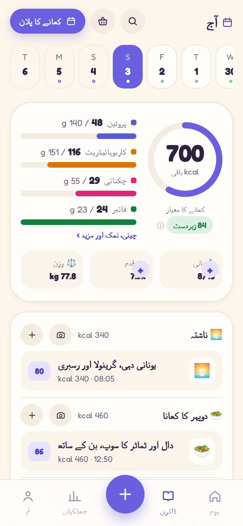ڈائری: دن بھر کے کھانے کا معیار، میکروز اور ہر کھانے کا اسکور